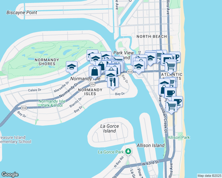 map of restaurants, bars, coffee shops, grocery stores, and more near 6835 Rue Versailles Drive in Miami Beach