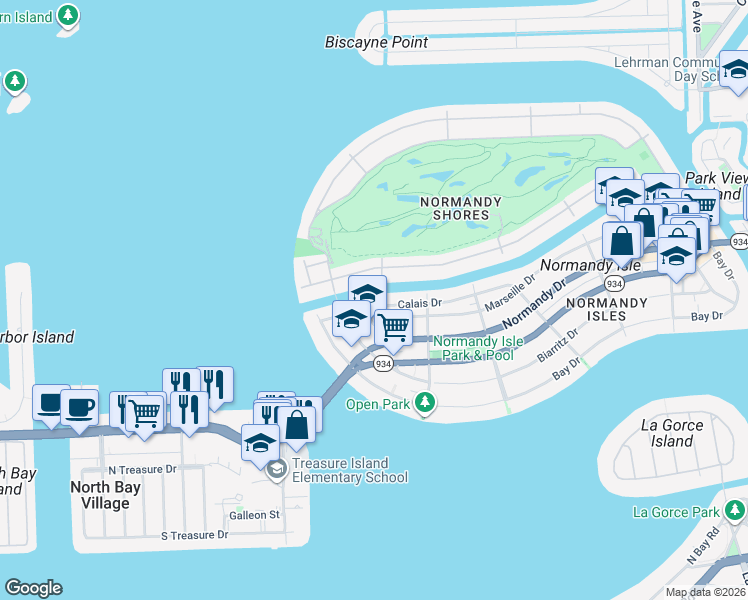 map of restaurants, bars, coffee shops, grocery stores, and more near 2019 Calais Drive in Miami Beach