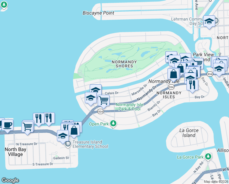 map of restaurants, bars, coffee shops, grocery stores, and more near 1915 Calais Drive in Miami Beach