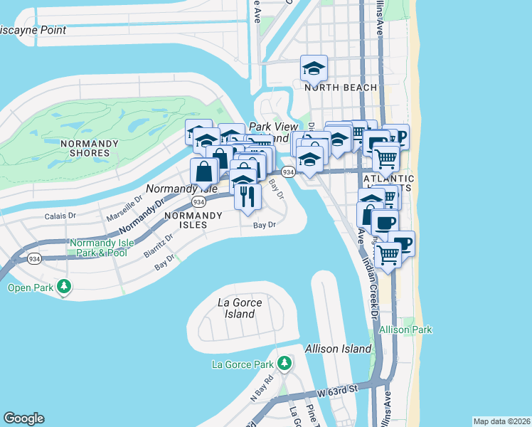 map of restaurants, bars, coffee shops, grocery stores, and more near 950 Biarritz Drive in Miami Beach