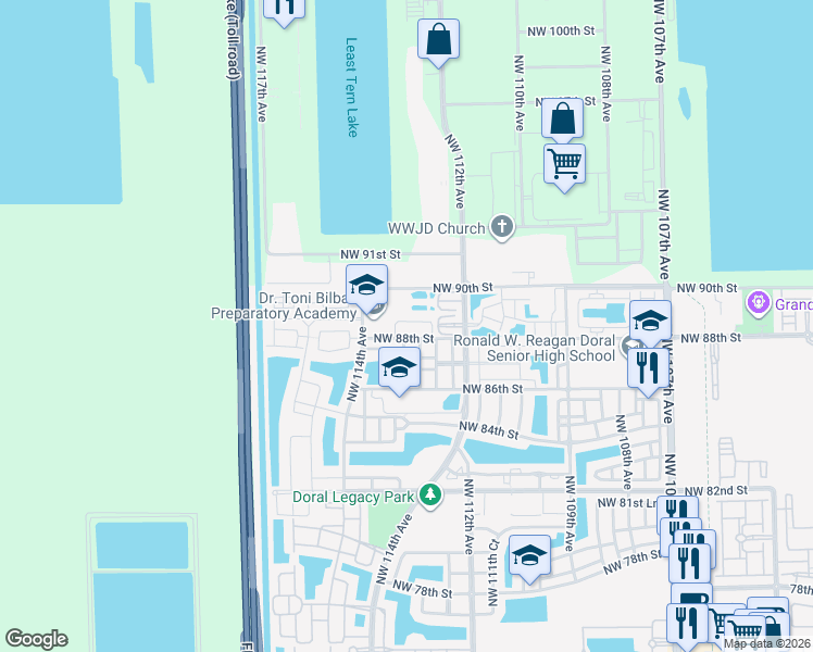 map of restaurants, bars, coffee shops, grocery stores, and more near 11290 Northwest 88th Terrace in Doral