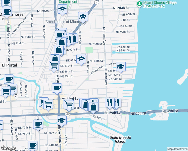 map of restaurants, bars, coffee shops, grocery stores, and more near 940 Northeast 85th Street in Miami
