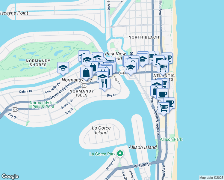 map of restaurants, bars, coffee shops, grocery stores, and more near 952 Biarritz Drive in Miami Beach
