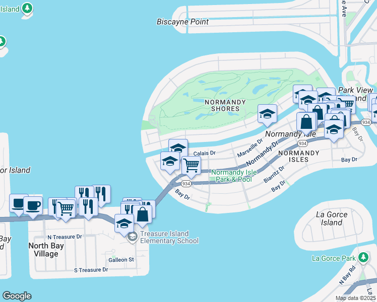 map of restaurants, bars, coffee shops, grocery stores, and more near 1985 Calais Drive in Miami Beach