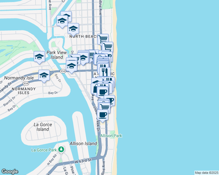 map of restaurants, bars, coffee shops, grocery stores, and more near 6889 Florida A1A in Miami Beach