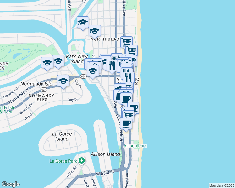map of restaurants, bars, coffee shops, grocery stores, and more near 6890 Abbott Avenue in Miami Beach