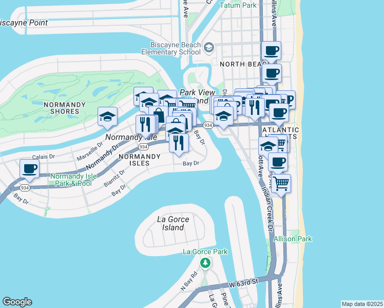 map of restaurants, bars, coffee shops, grocery stores, and more near 965-975 Biarritz Drive in Miami Beach