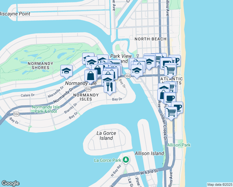map of restaurants, bars, coffee shops, grocery stores, and more near 965-975 Biarritz Drive in Miami Beach