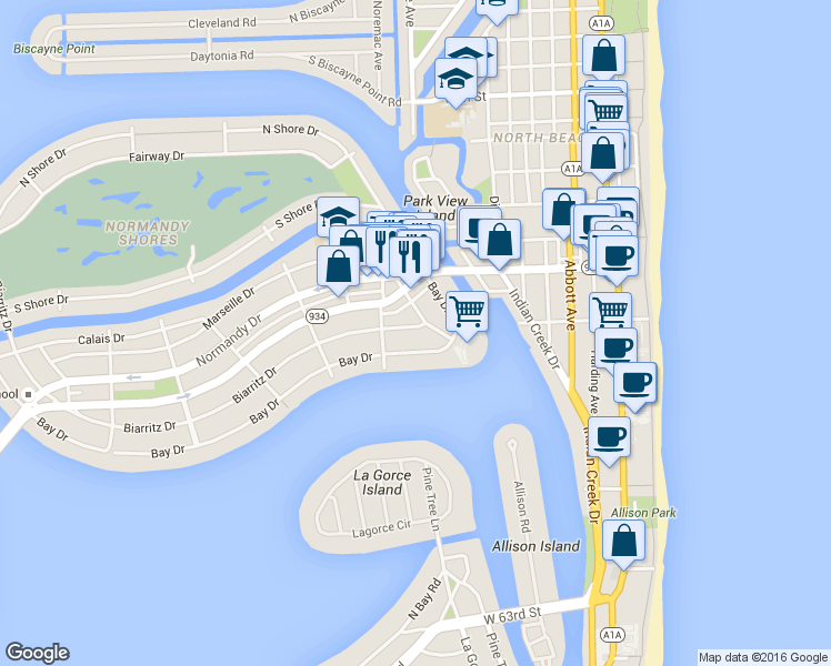 map of restaurants, bars, coffee shops, grocery stores, and more near 965-975 Biarritz Drive in Miami Beach