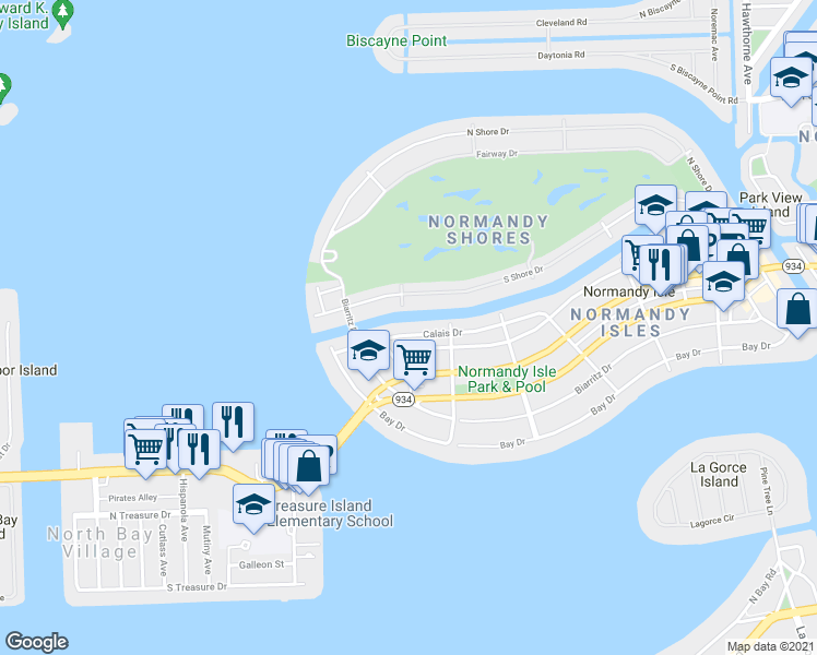 map of restaurants, bars, coffee shops, grocery stores, and more near 1995 Calais Drive in Miami Beach