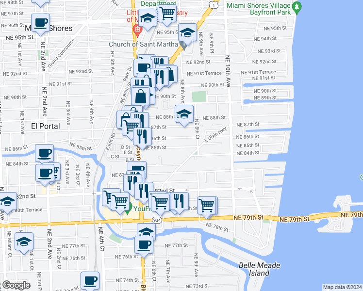 map of restaurants, bars, coffee shops, grocery stores, and more near 795 Northeast 85th Street in Miami