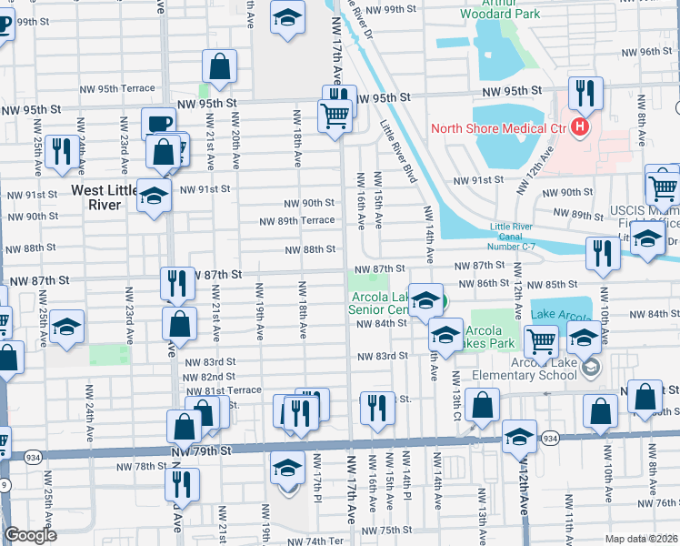 map of restaurants, bars, coffee shops, grocery stores, and more near 1701 Northwest 87th Street in Miami