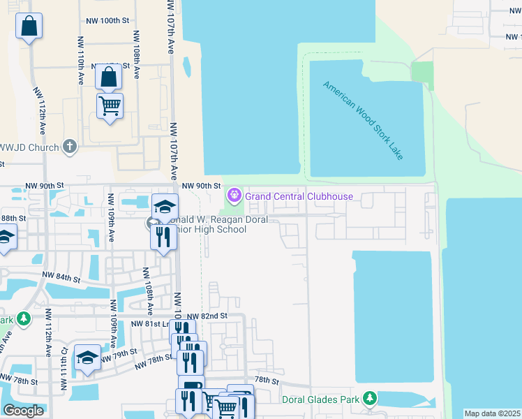 map of restaurants, bars, coffee shops, grocery stores, and more near 8839 Northwest 103rd Place in Doral