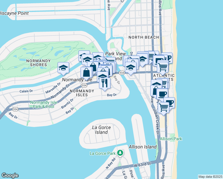 map of restaurants, bars, coffee shops, grocery stores, and more near 965-975 Biarritz Drive in Miami Beach