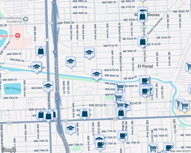 map of restaurants, bars, coffee shops, grocery stores, and more near 234 Northwest 86th Street in El Portal