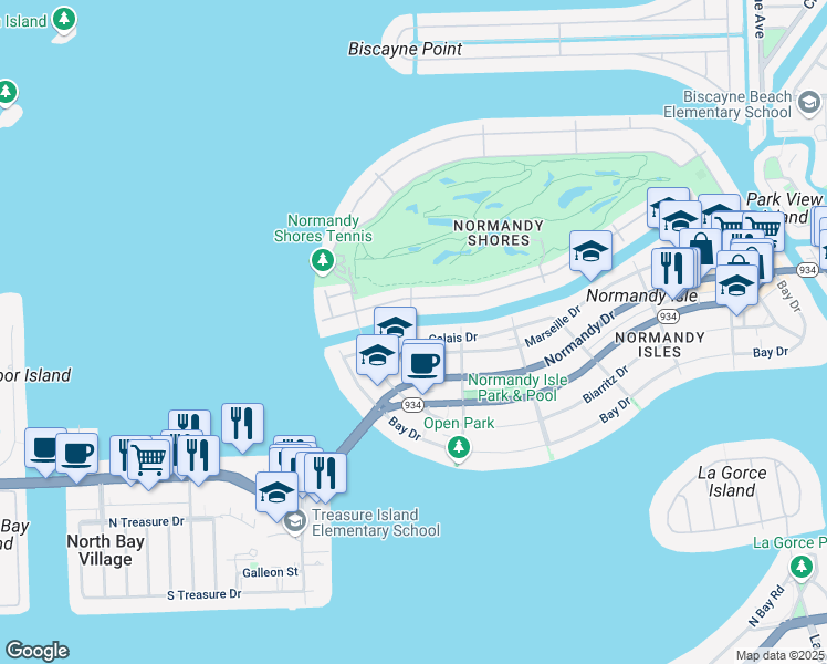 map of restaurants, bars, coffee shops, grocery stores, and more near 1995 Calais Drive in Miami Beach