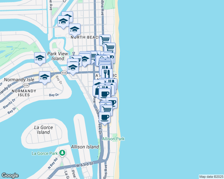 map of restaurants, bars, coffee shops, grocery stores, and more near 6899 Collins Avenue in Miami Beach