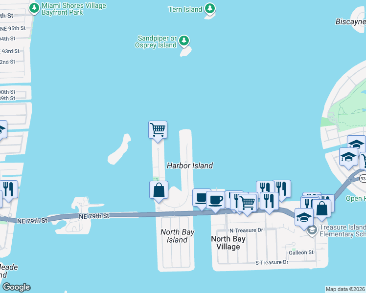 map of restaurants, bars, coffee shops, grocery stores, and more near 7946 East Drive in North Bay Village