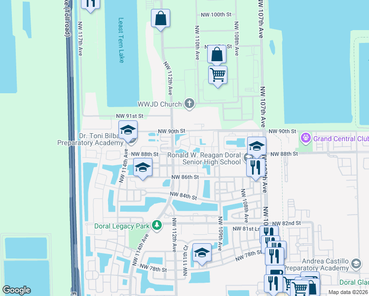 map of restaurants, bars, coffee shops, grocery stores, and more near 8840 Northwest 111th Avenue in Doral