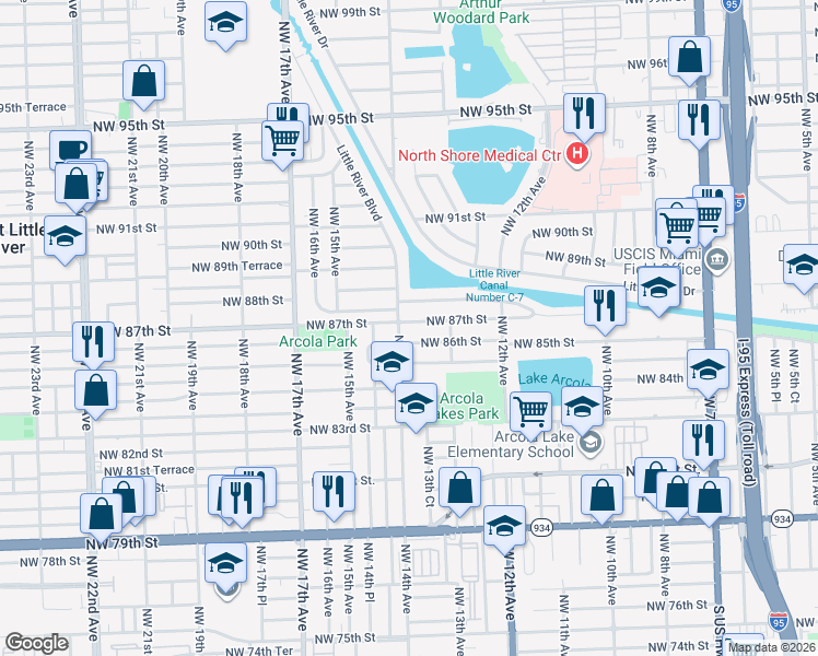 map of restaurants, bars, coffee shops, grocery stores, and more near 2401 Northwest 14th Avenue in Miami