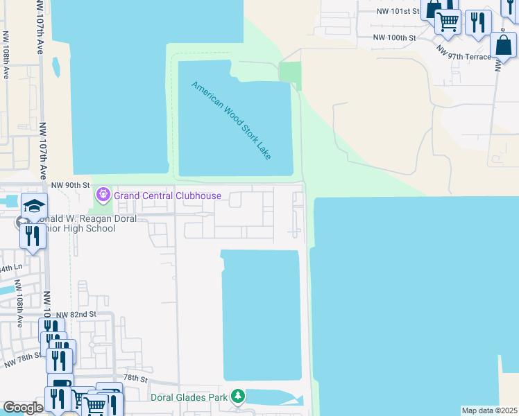 map of restaurants, bars, coffee shops, grocery stores, and more near 8875 Northwest 99th Avenue in Doral