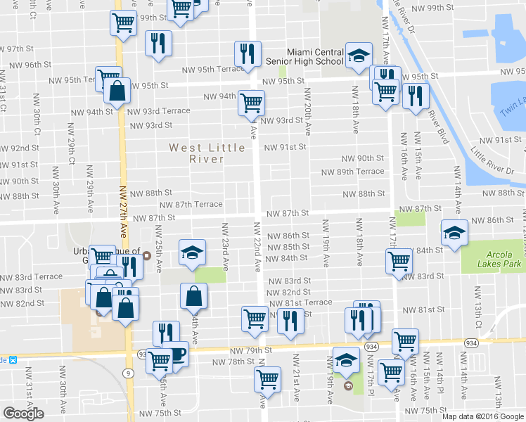 map of restaurants, bars, coffee shops, grocery stores, and more near 8701 Northwest 22nd Avenue in Miami