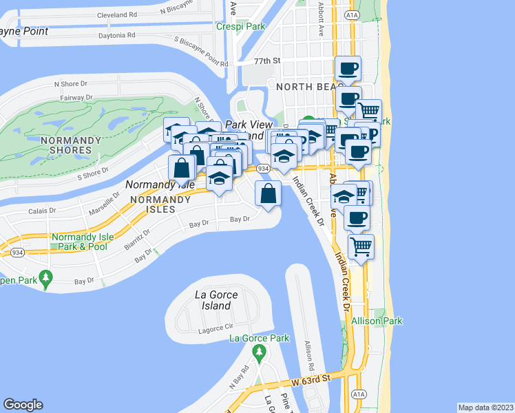 map of restaurants, bars, coffee shops, grocery stores, and more near 6850 Bay Drive in Miami Beach