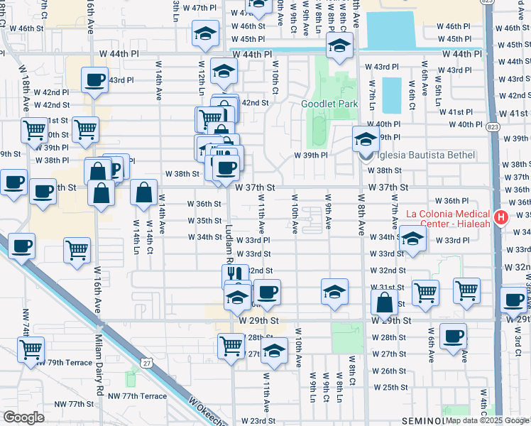 map of restaurants, bars, coffee shops, grocery stores, and more near 3501 West 11th Avenue in Hialeah