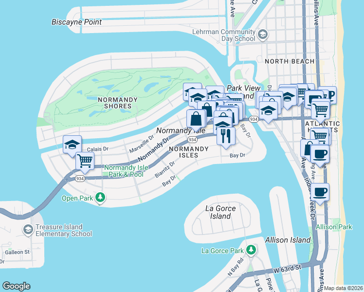 map of restaurants, bars, coffee shops, grocery stores, and more near 1330 Florida 934 in Miami Beach