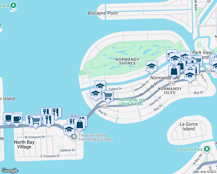 map of restaurants, bars, coffee shops, grocery stores, and more near 1965 Calais Drive in Miami Beach