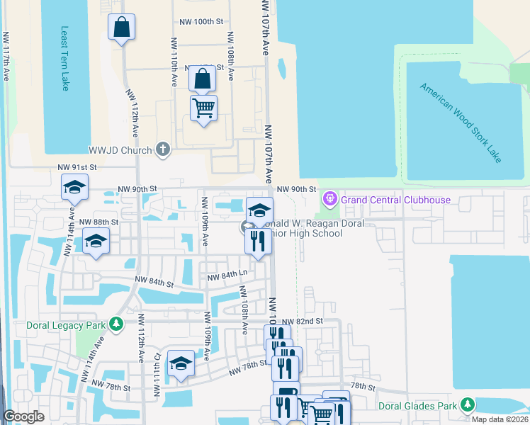 map of restaurants, bars, coffee shops, grocery stores, and more near 8900 Northwest 107th Court in Doral