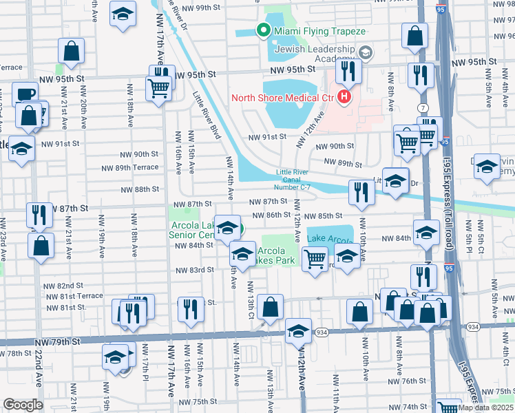 map of restaurants, bars, coffee shops, grocery stores, and more near 1320 Northwest 87th Street in Miami
