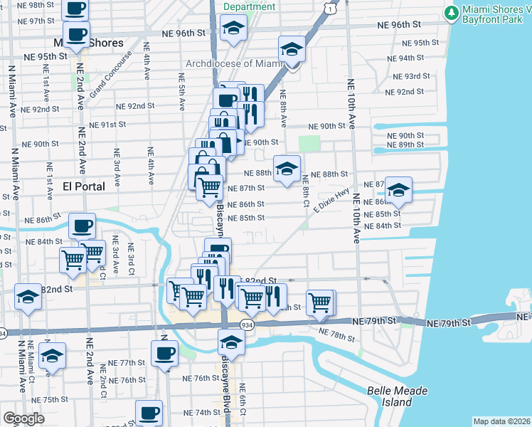 map of restaurants, bars, coffee shops, grocery stores, and more near 701 Northeast 85th Street in Miami