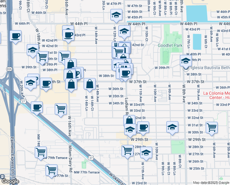 map of restaurants, bars, coffee shops, grocery stores, and more near 3560 West 13th Avenue in Hialeah
