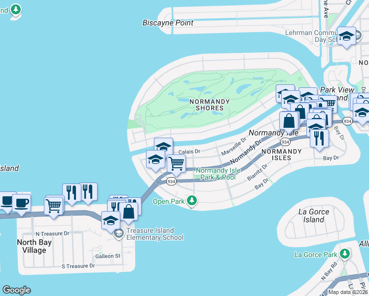 map of restaurants, bars, coffee shops, grocery stores, and more near 1915 Calais Drive in Miami Beach