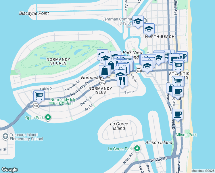 map of restaurants, bars, coffee shops, grocery stores, and more near 1195 Biarritz Drive in Miami Beach