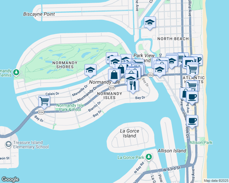 map of restaurants, bars, coffee shops, grocery stores, and more near 1195 Biarritz Drive in Miami Beach