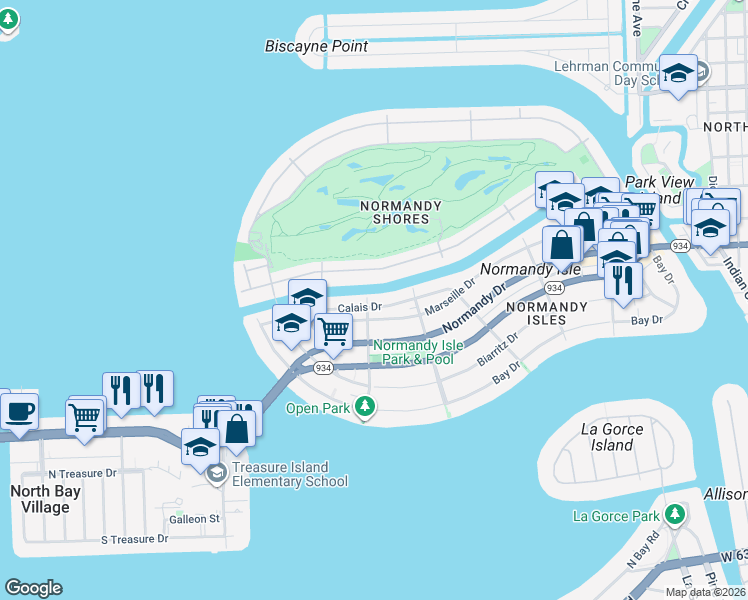 map of restaurants, bars, coffee shops, grocery stores, and more near 1915 Calais Drive in Miami Beach