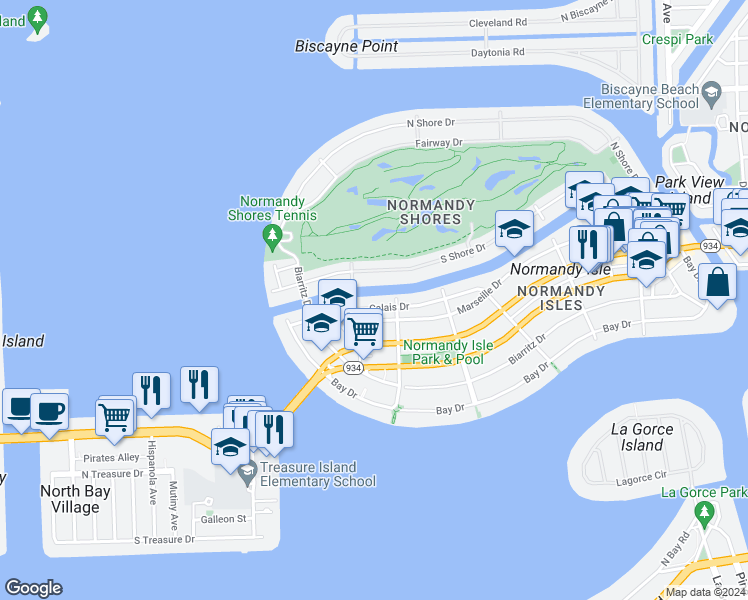 map of restaurants, bars, coffee shops, grocery stores, and more near 1915 Calais Drive in Miami Beach