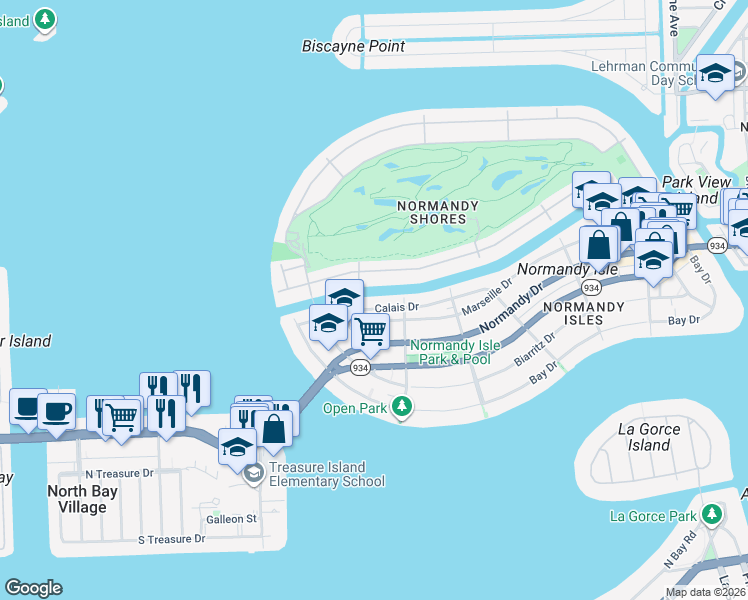 map of restaurants, bars, coffee shops, grocery stores, and more near 1995 Calais Drive in Miami Beach