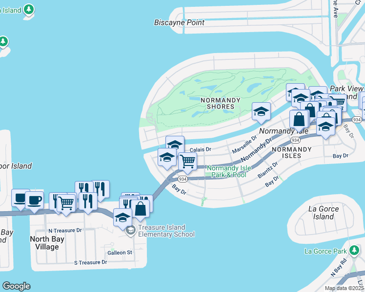 map of restaurants, bars, coffee shops, grocery stores, and more near 1995 Calais Drive in Miami Beach