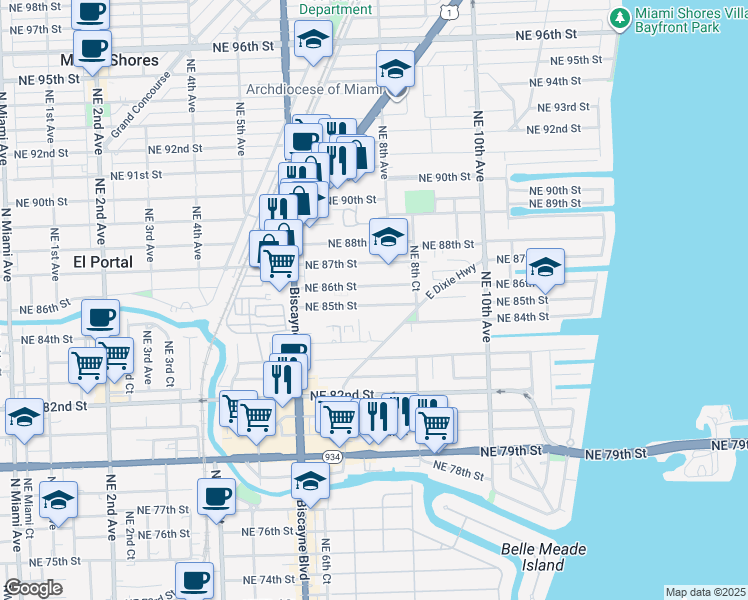 map of restaurants, bars, coffee shops, grocery stores, and more near 795 Northeast 85th Street in Miami