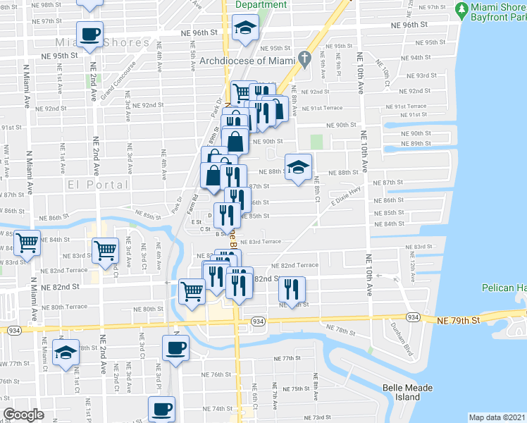 map of restaurants, bars, coffee shops, grocery stores, and more near 701 Northeast 85th Street in Miami