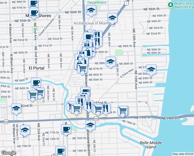 map of restaurants, bars, coffee shops, grocery stores, and more near 701 Northeast 85th Street in Miami