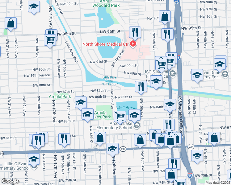 map of restaurants, bars, coffee shops, grocery stores, and more near 1170 Northwest 87th Street in Miami