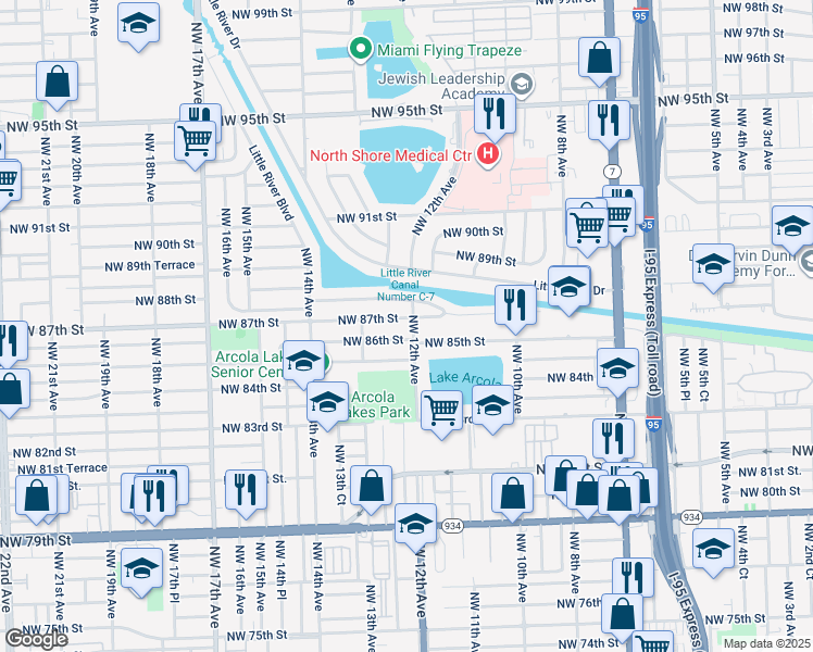 map of restaurants, bars, coffee shops, grocery stores, and more near 1250 Northwest 87th Street in Miami