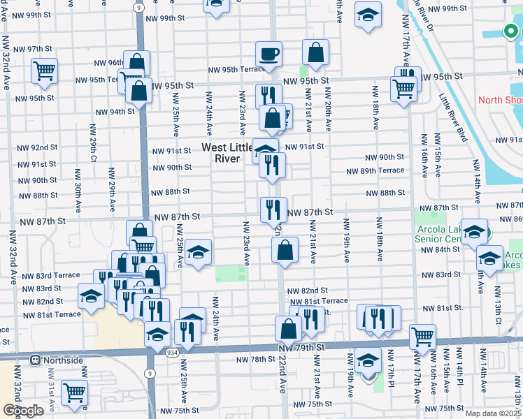 map of restaurants, bars, coffee shops, grocery stores, and more near 2239 Northwest 87th Street in Miami