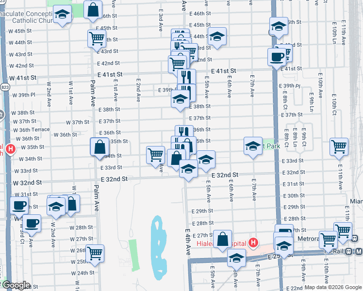 map of restaurants, bars, coffee shops, grocery stores, and more near 338 East 35th Street in Hialeah