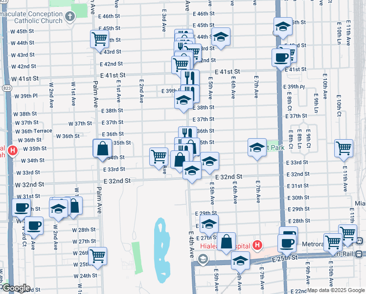 map of restaurants, bars, coffee shops, grocery stores, and more near 338 East 35th Street in Hialeah