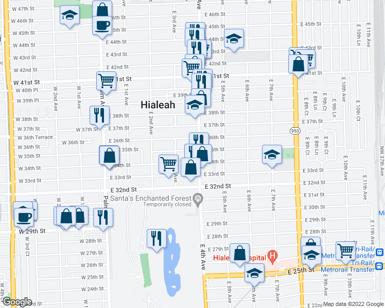 map of restaurants, bars, coffee shops, grocery stores, and more near 338 East 35th Street in Hialeah